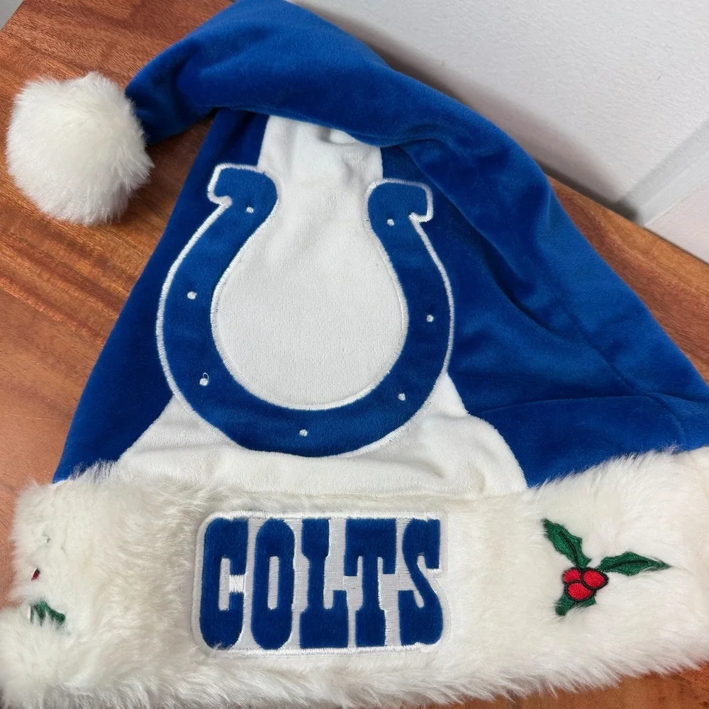 Indianapolis Colts Christmas Santa‎ Hat Blue White Horseshoe Logo Holly